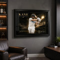 Black framed Kane Williamson cricket wall art shown in a premium sports man cave setting.