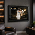 Black framed Kane Williamson cricket wall art shown in a premium sports man cave setting.