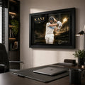 Black framed Kane Williamson cricket wall art mounted in a refined contemporary office setting.