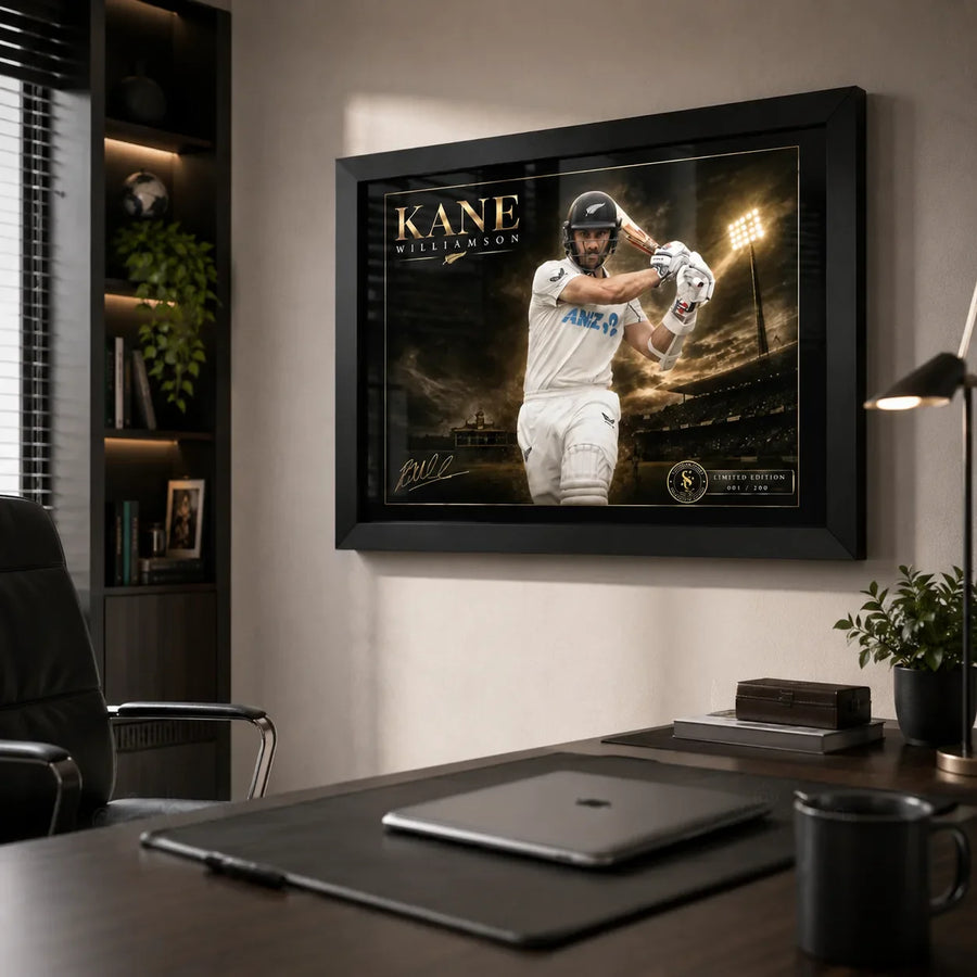 Black framed Kane Williamson cricket wall art mounted in a refined contemporary office setting.