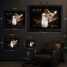 Kane Williamson framed cricket wall art size guide comparing the available print dimensions.