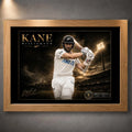 Kane Williamson cricket wall art presented in a natural oak frame on a clean neutral background.