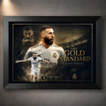 Karim Benzema football wall art in a black frame, featuring Real Madrid tribute artwork in gold tones.