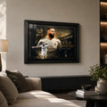 Karim Benzema football wall art in a black frame displayed in a modern living room setting.