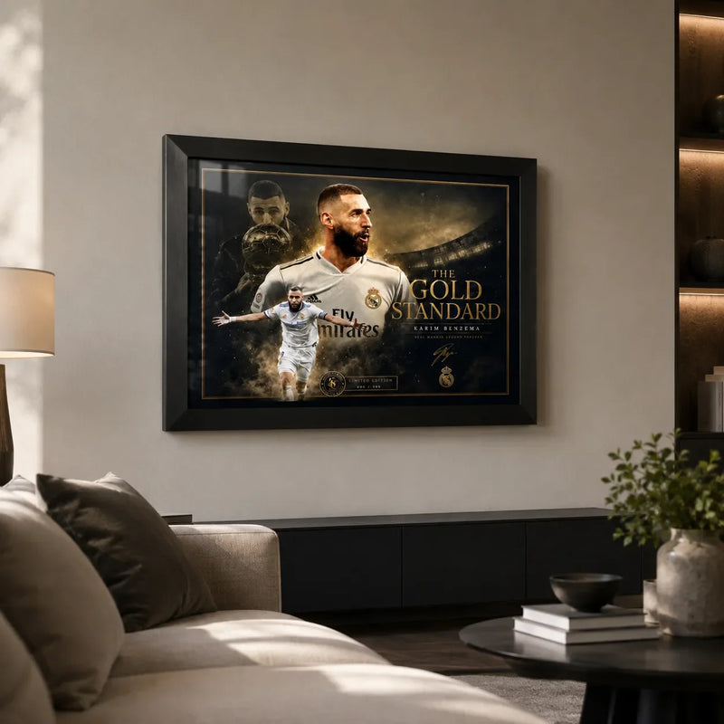 Karim Benzema football wall art in a black frame displayed in a modern living room setting.
