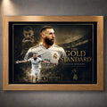Karim Benzema football wall art in an oak frame, featuring Real Madrid tribute artwork in gold tones.