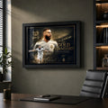 Karim Benzema football wall art in a black frame displayed above a desk in a modern office.