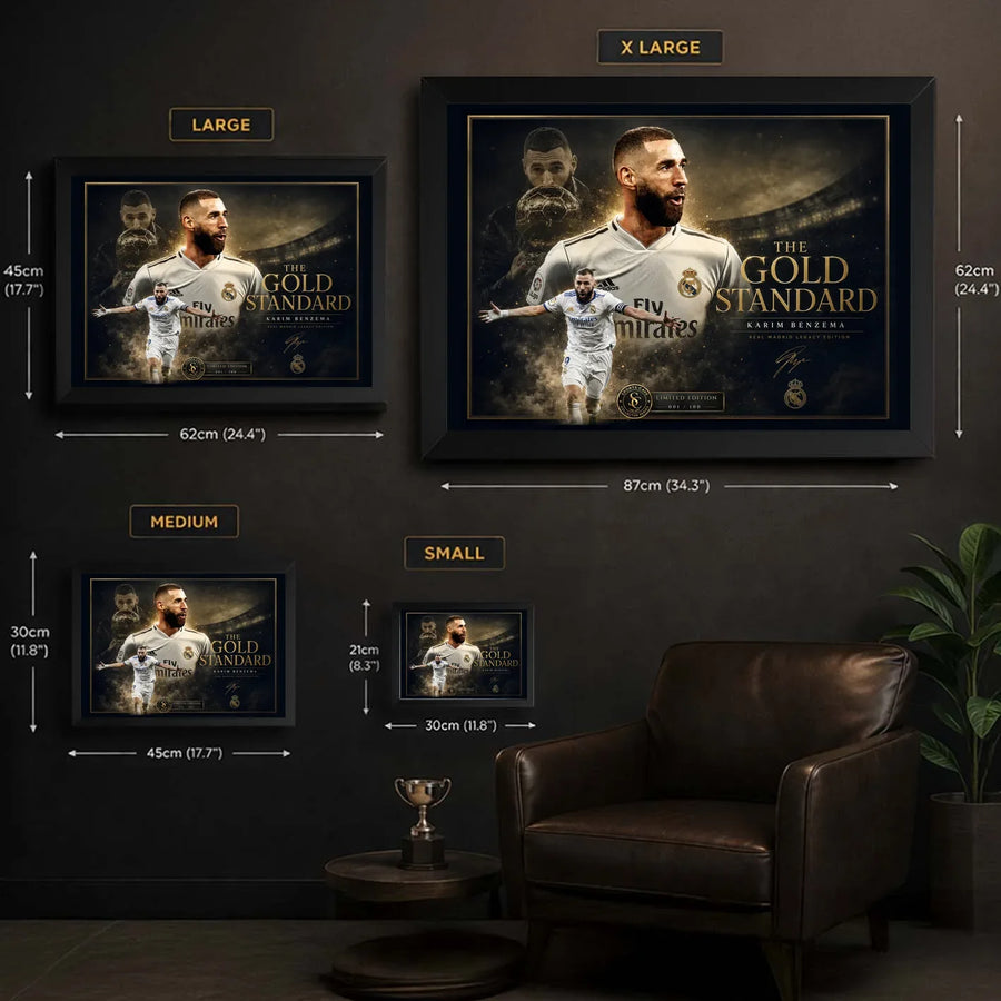 Karim Benzema framed football wall art size guide showing small, medium, large and XL frame dimensions.