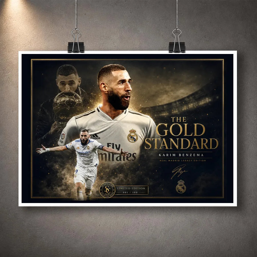Karim Benzema football wall art shown as an unframed print with a clean white border.