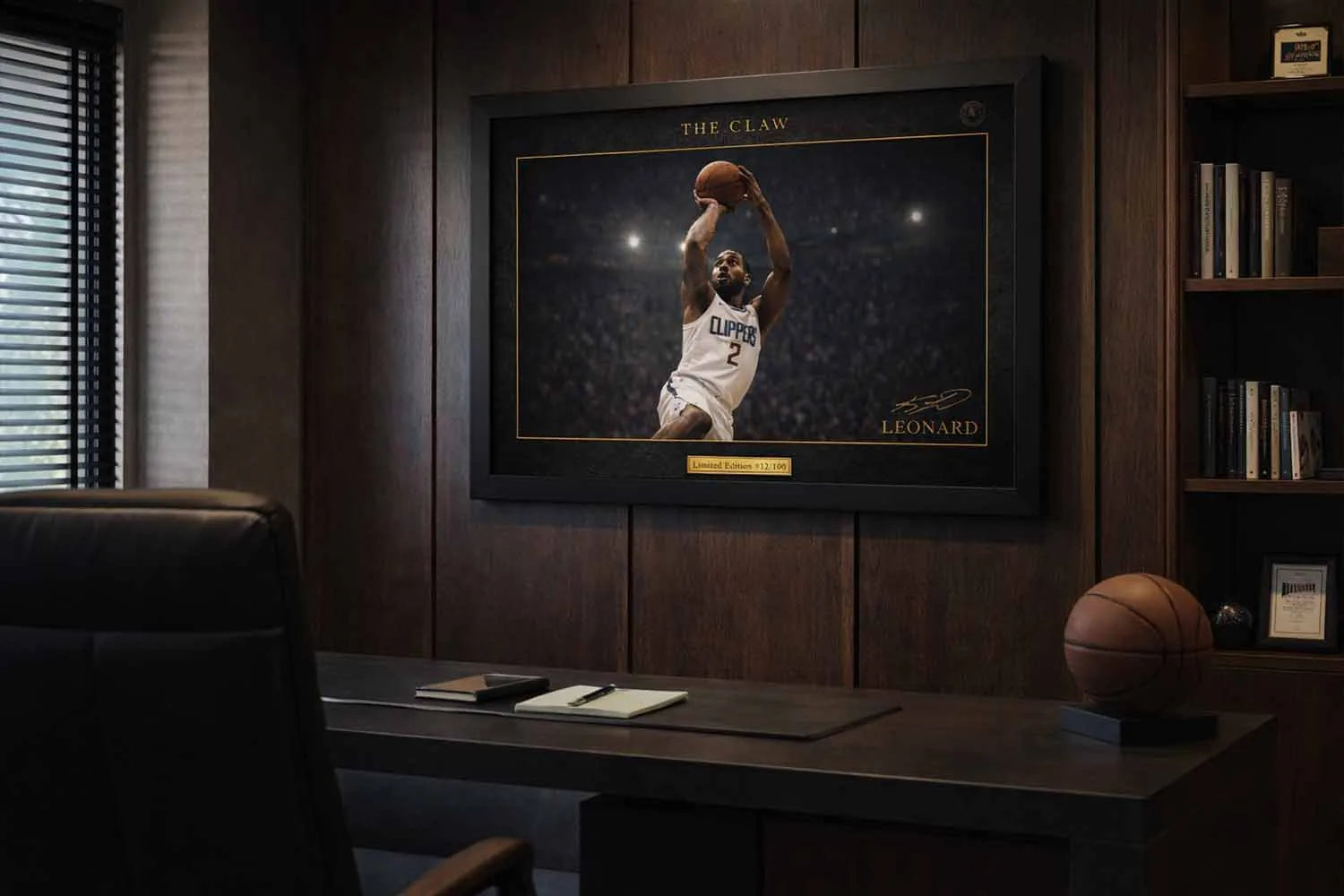 Kawhi Leonard framed sports memorabilia showcased in a luxury office setting with dark wood interior.