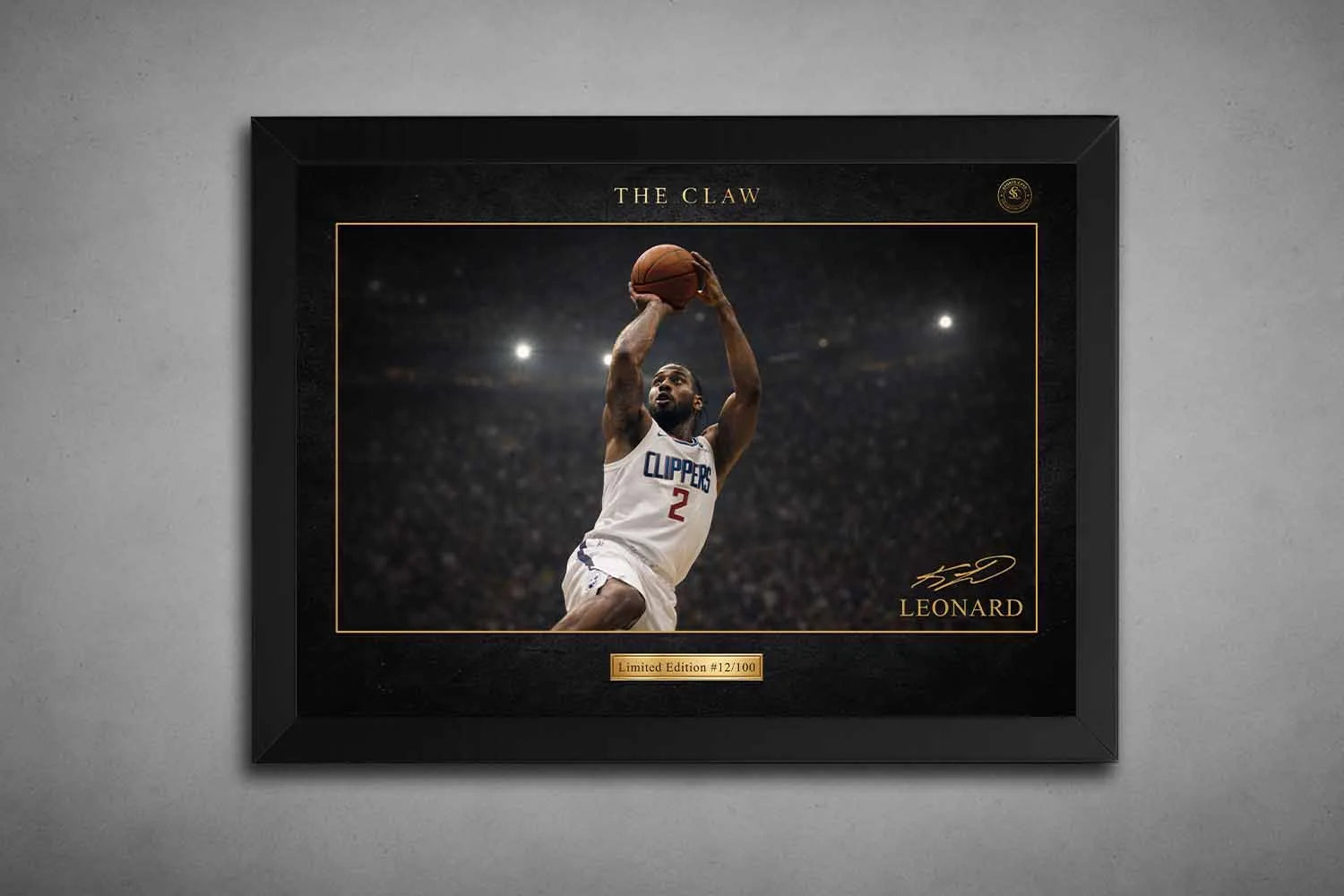 Kawhi Leonard The Claw black frame edition, NBA sports wall art for premium sports collectibles.
