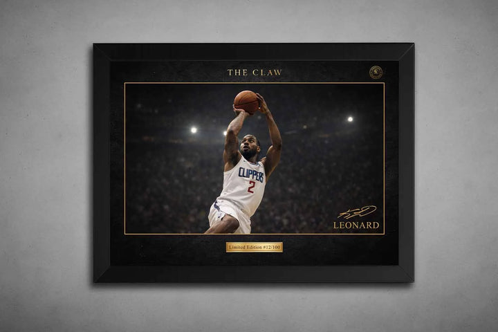 Kawhi Leonard The Claw black frame edition, NBA sports wall art for premium sports collectibles.