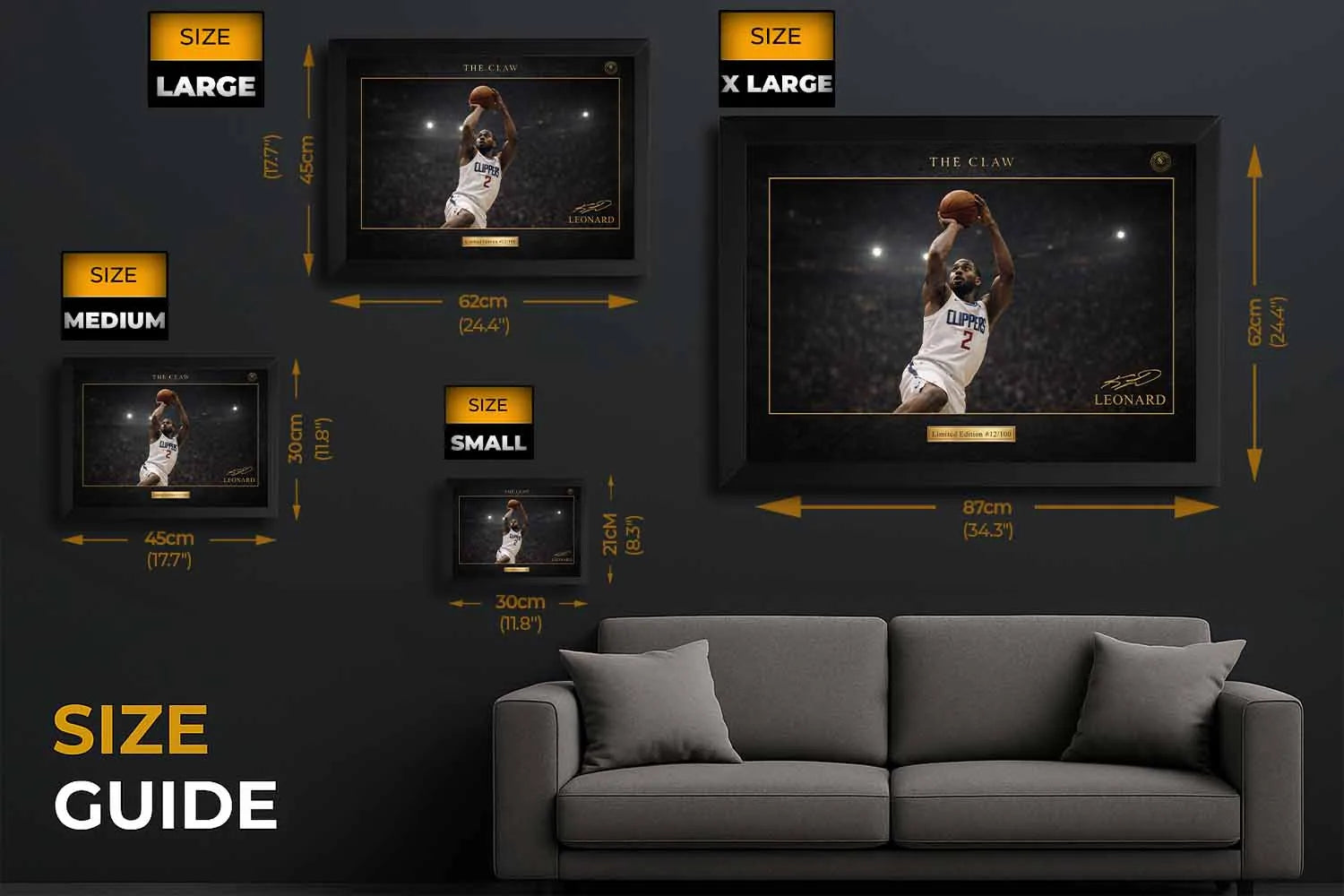 Kawhi Leonard NBA framed sports art size guide showing small, medium, large and XL wall display options.