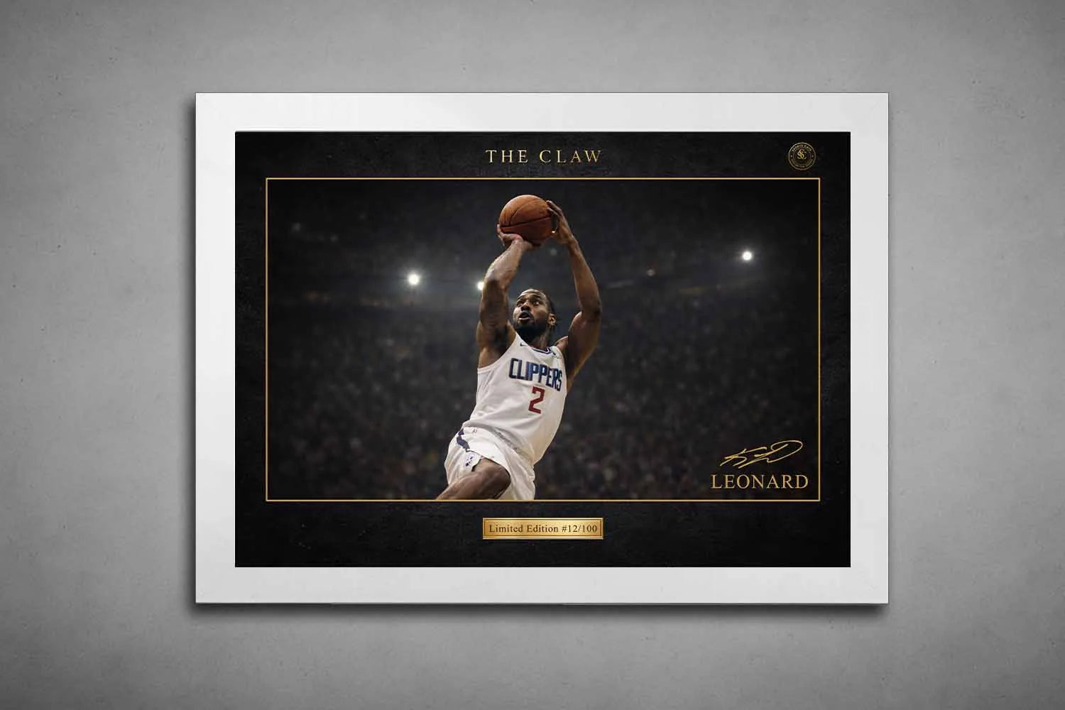 Kawhi Leonard Clippers limited edition sports prints in a white frame, premium NBA sports wall art.