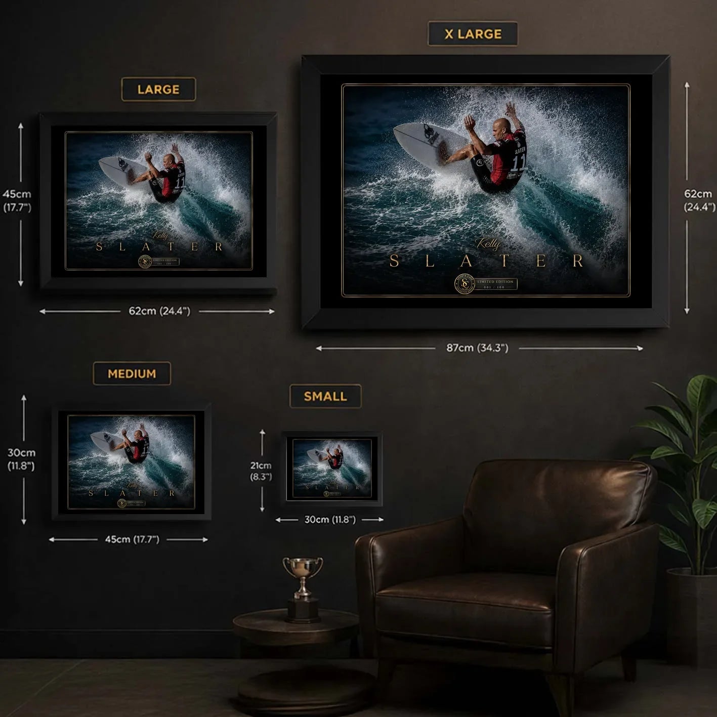 Kelly Slater surfing wall art size guide showing Small, Medium, Large and X Large framed dimensions in centimetres and inches.
