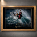 Oak framed Kelly Slater surfing wall art showing his turn through a breaking wave in a black and gold collector design.