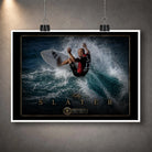 Unframed Kelly Slater surfing wall art print showing his turn through a breaking wave in a black and gold collector design.