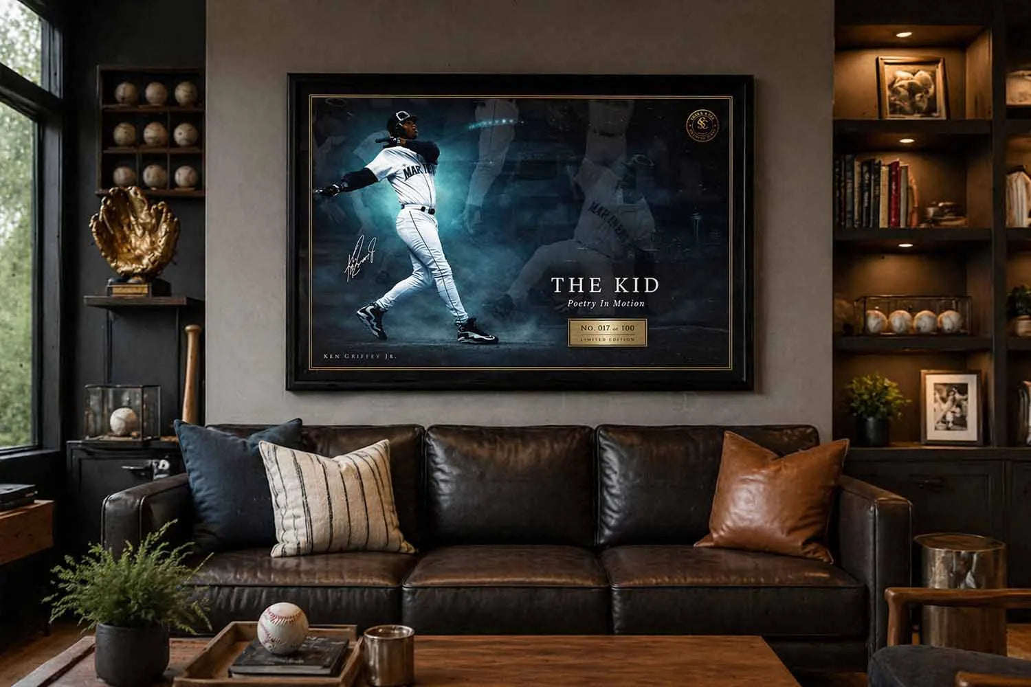 Ken Griffey Jr Mariners framed artwork displayed in modern man cave, man cave wall décor with baseball theme