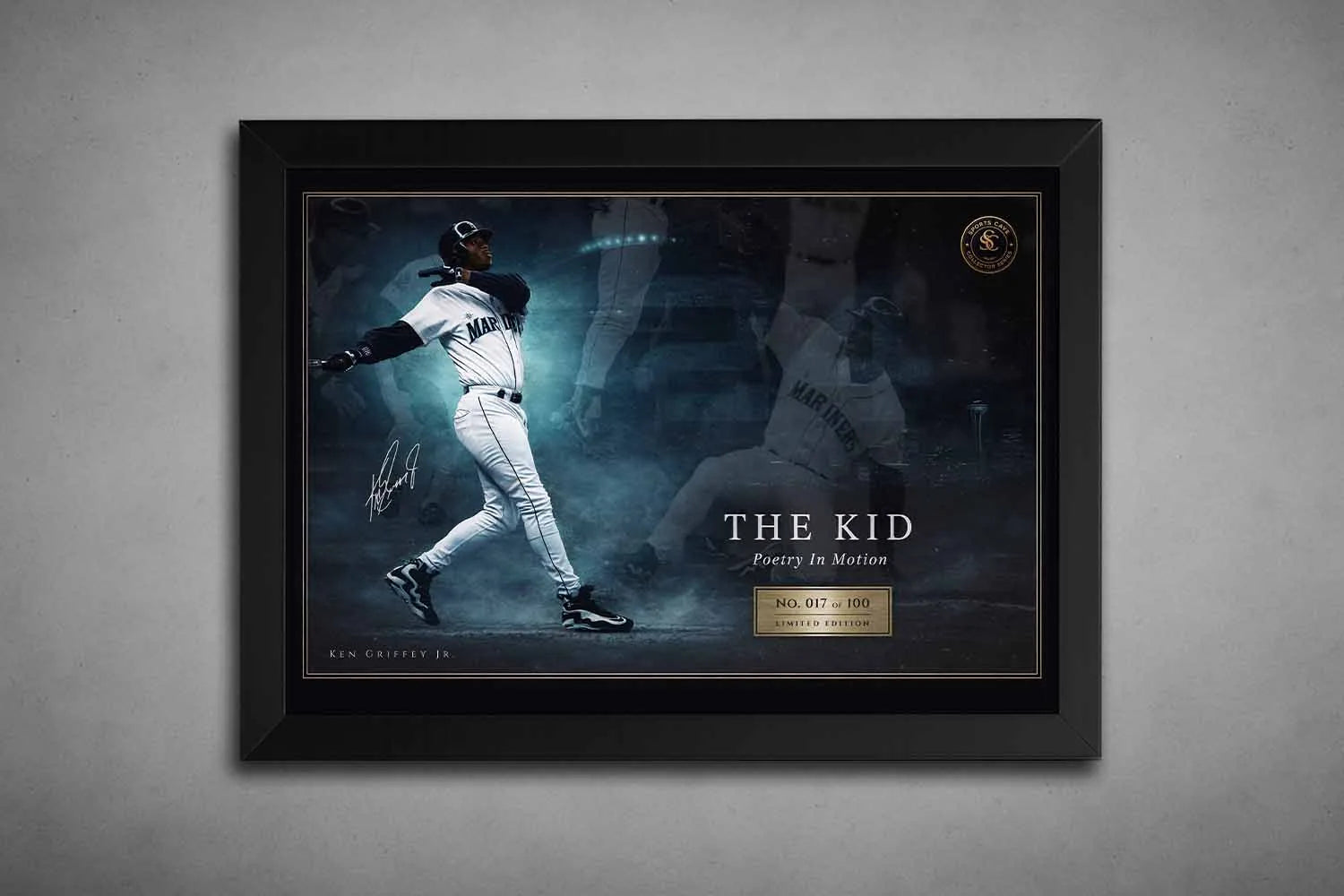 Ken Griffey Jr Seattle Mariners swing artwork in black frame, premium sports wall art capturing “The Kid” in motion