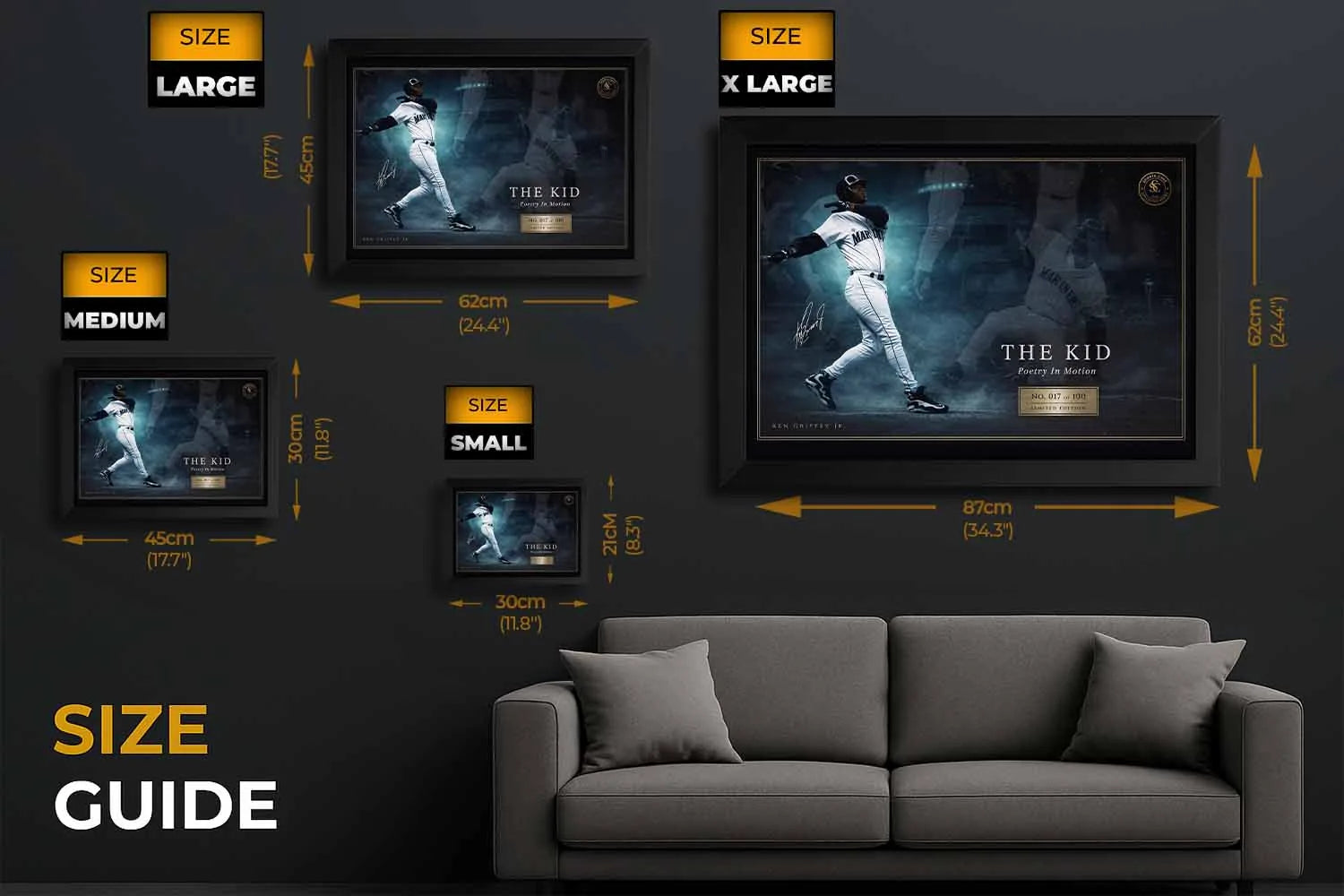 Ken Griffey Jr baseball wall art size guide showing multiple frame dimensions, sports wall art for any room setup