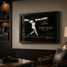 Ken Griffey Jr. The Kid framed baseball wall art mounted in a dark premium man cave with warm ambient lighting.