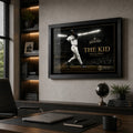Ken Griffey Jr. The Kid framed baseball wall art displayed in a modern executive office with dark timber shelving.