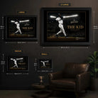 Ken Griffey Jr. The Kid baseball wall art size guide comparing Small Medium Large and XL framed dimensions.