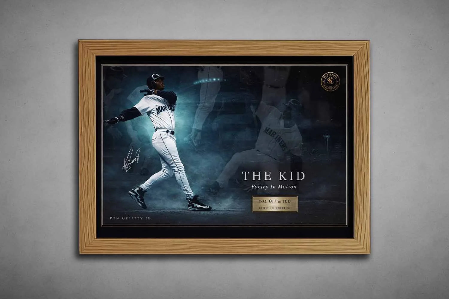 Ken Griffey Jr Seattle Mariners artwork in oak frame, framed sports art showcasing iconic swing with elegant finish