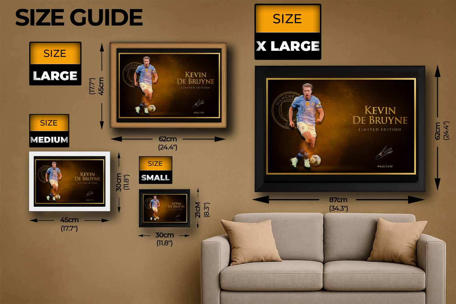 Kevin De Bruyne limited edition framed sports prints shown in four sizes, ideal for man cave wall décor and premium collectors.