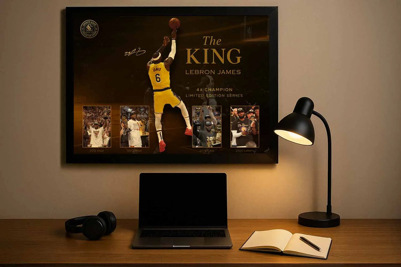 LeBron James motivational wall art displayed above a modern home office desk – premium NBA wall art for entrepreneurs and collectors.