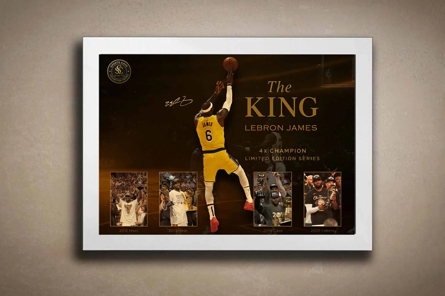 LeBron James premium framed wall art in white frame – The King limited edition NBA artwork for home decor and fan caves.