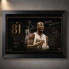 Kobe Bryant 81-point game sports wall art in black frame featuring Lakers artwork and Staples Center scene