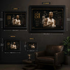 Kobe Bryant 81-point game sports wall art size guide showing framed print dimensions from S to XL
