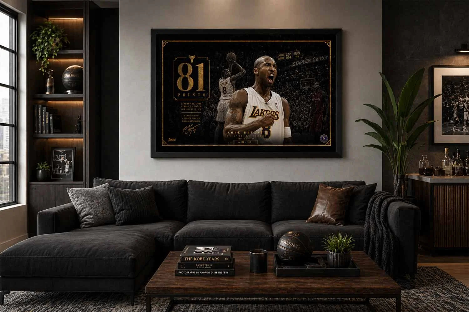 Kobe Bryant 81 points man cave wall décor displayed in modern living room with premium Lakers themed styling