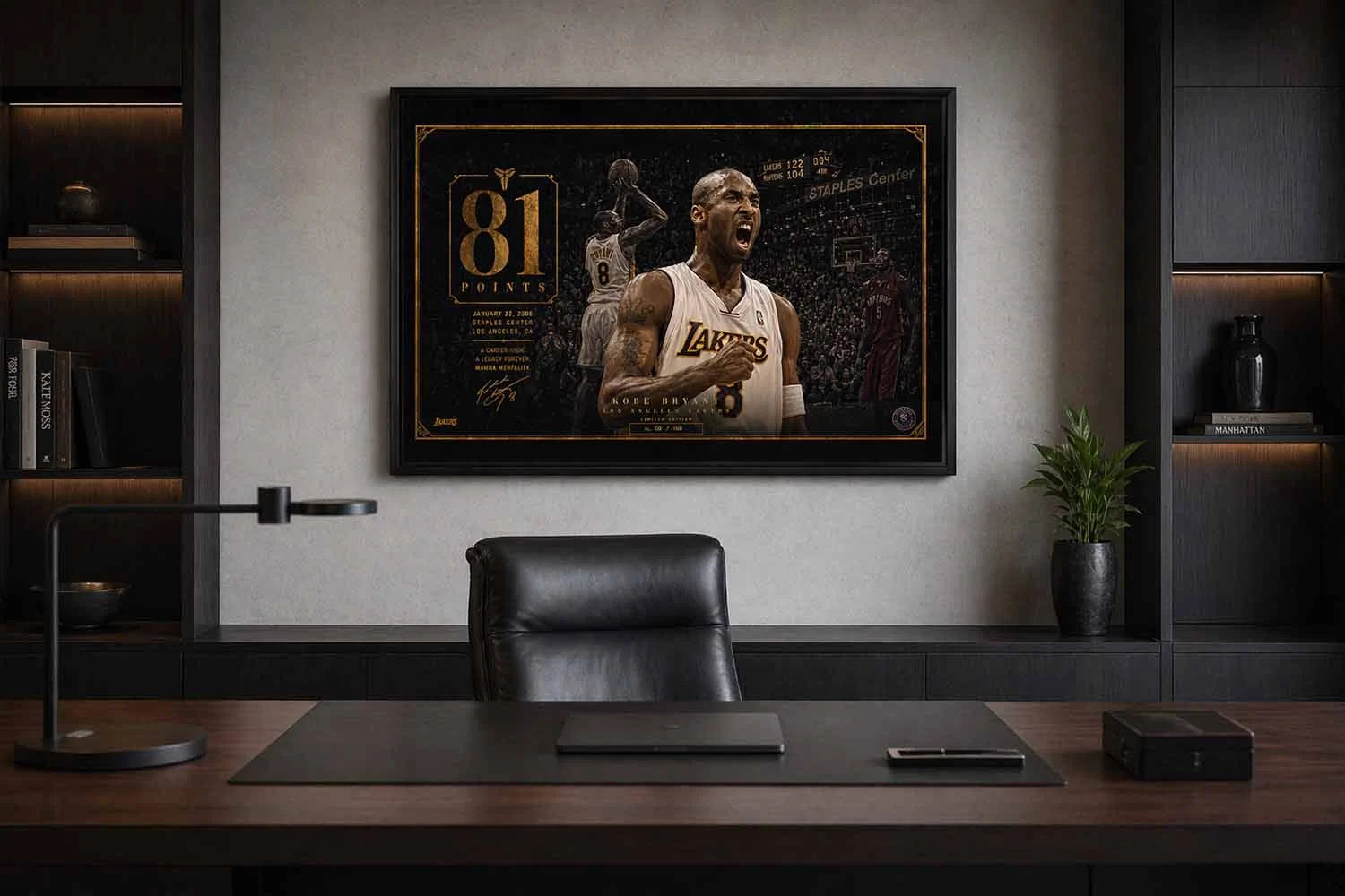 Kobe Bryant 81 points premium sports collectibles artwork displayed in executive office with refined NBA aesthetic