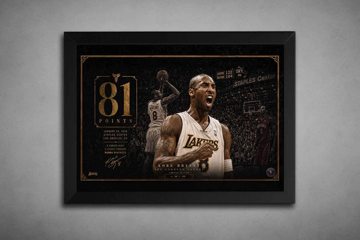Kobe Bryant 81 points framed sports art in black frame showcasing Lakers legend performance at Staples Center