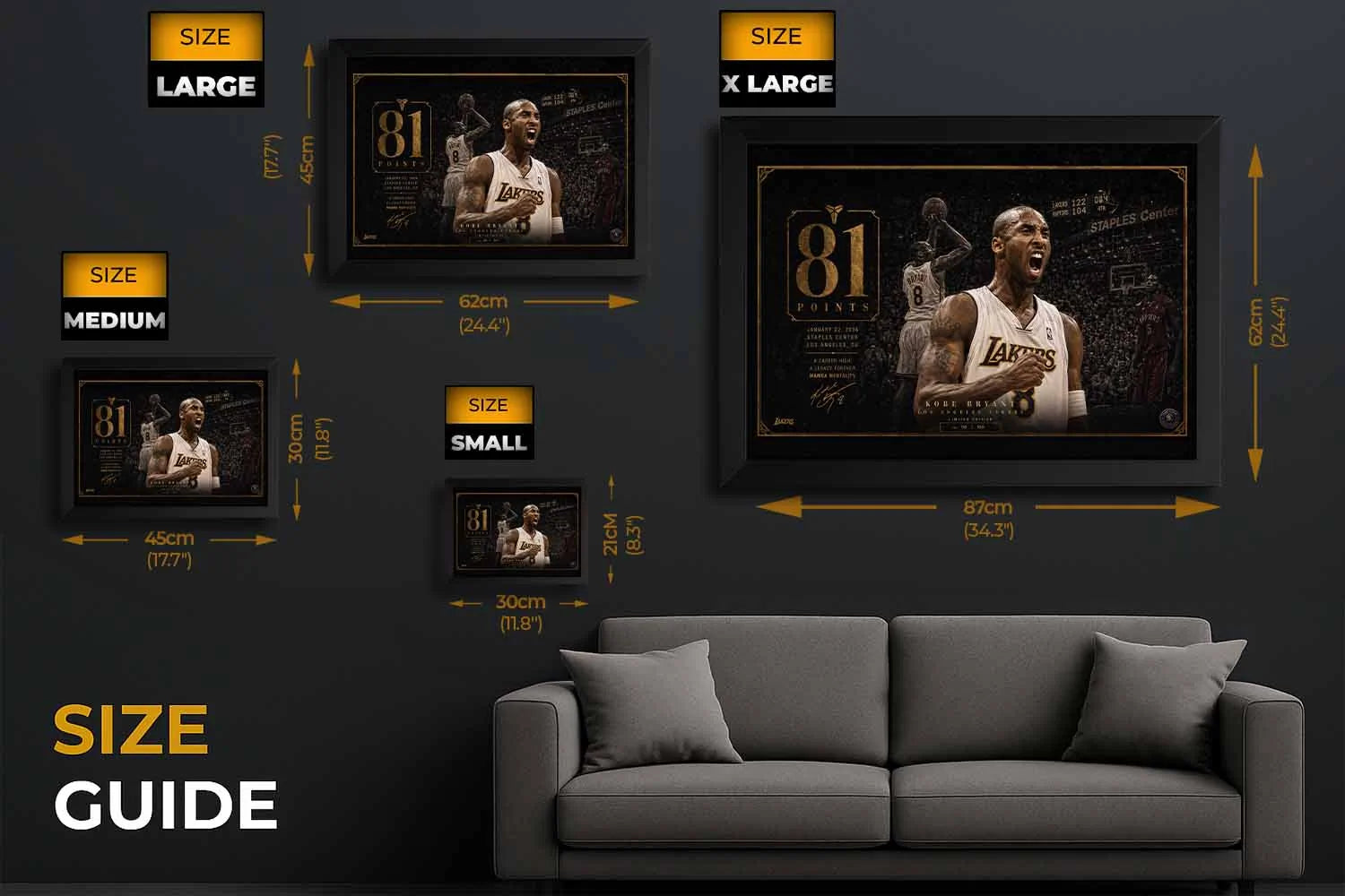 Kobe Bryant 81 points sports wall art size guide showing multiple frame dimensions for perfect NBA display setup