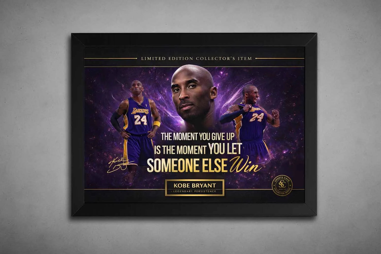 Black framed Kobe Bryant motivational artwork featuring iconic Lakers imagery, designed as premium framed sports art for collectors.