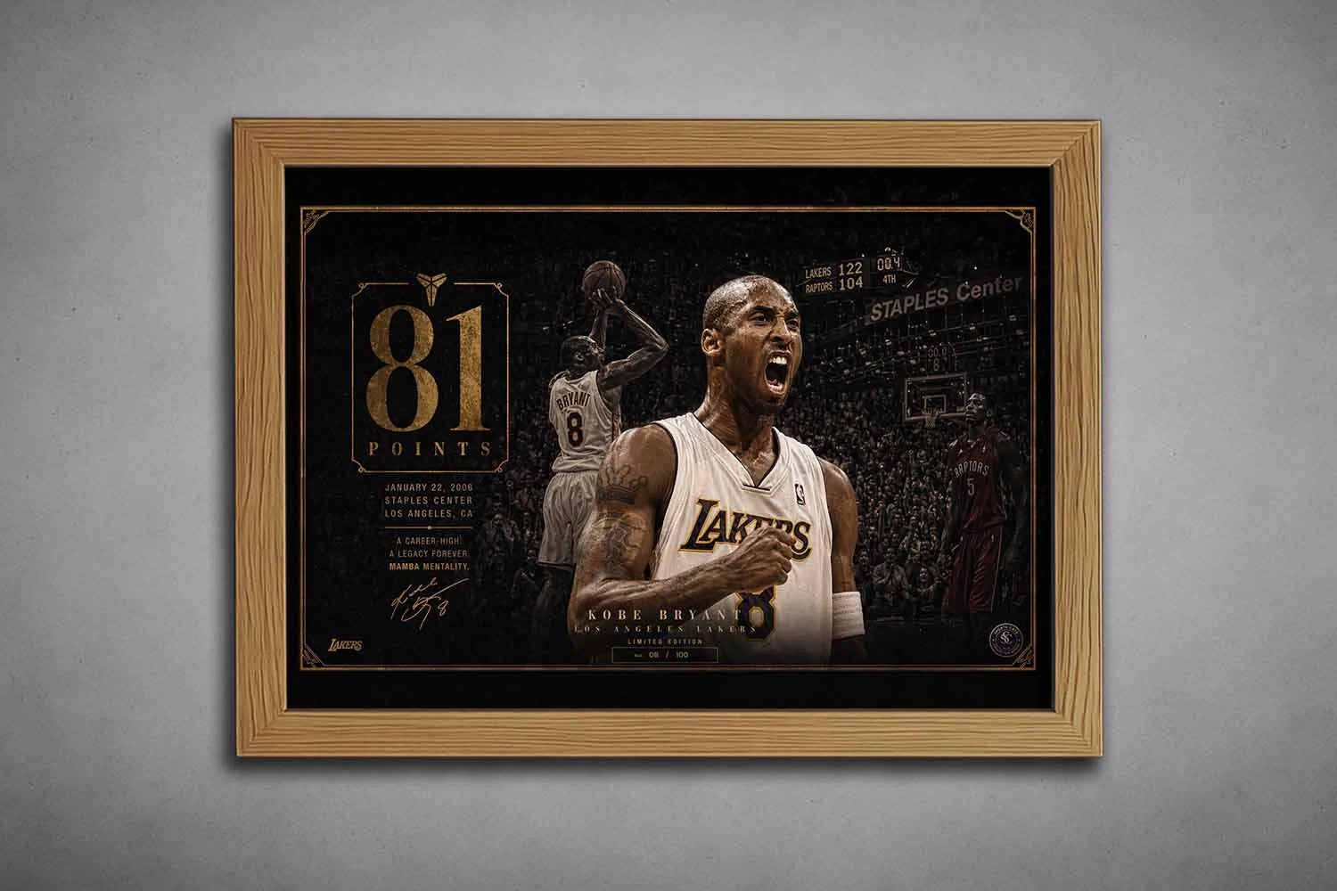 Kobe Bryant 81 points sports wall art in oak frame highlighting iconic Lakers scoring night in premium finish