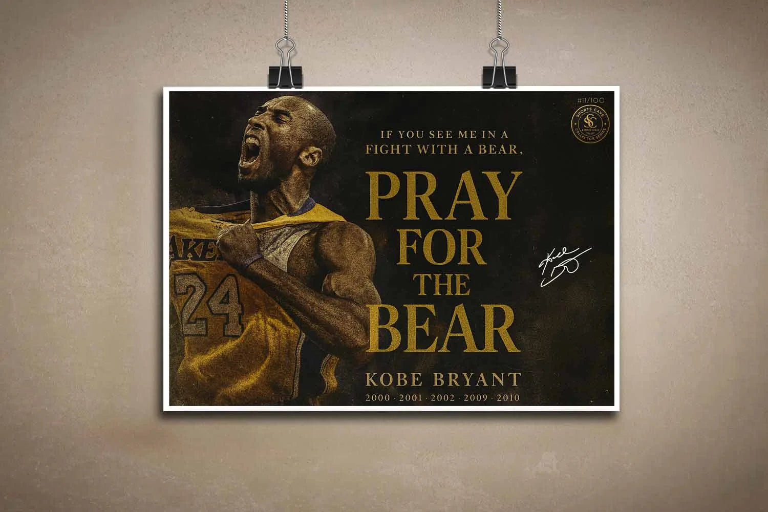 Unframed Kobe Bryant Pray For The Bear poster NBA sports wall art hanging with clips.