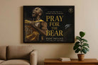 Kobe Bryant Pray For The Bear NBA sports wall art framed in black above beige sofa in modern living room.