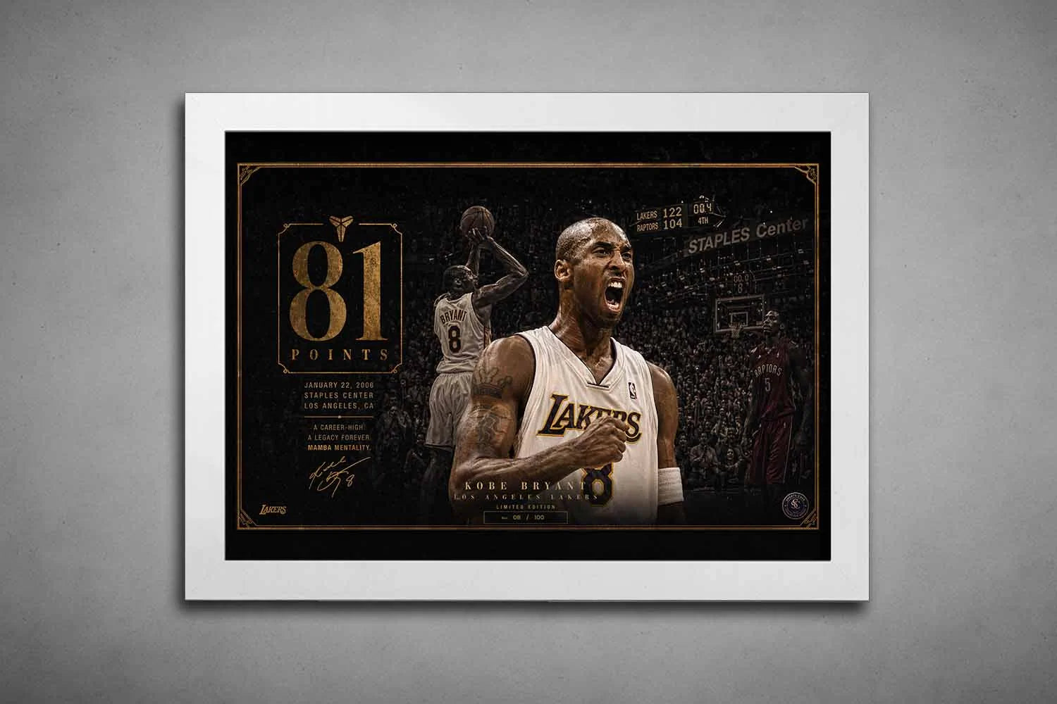Kobe Bryant 81 points framed sports memorabilia in white frame featuring Lakers legend in iconic game moment
