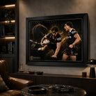 Kotoni Staggs Brisbane Broncos rugby league wall art in a black frame displayed in a dark modern man cave with timber cabinetry.