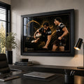 Kotoni Staggs Brisbane Broncos rugby league wall art in a black frame above a credenza in a modern office with a timber desk.