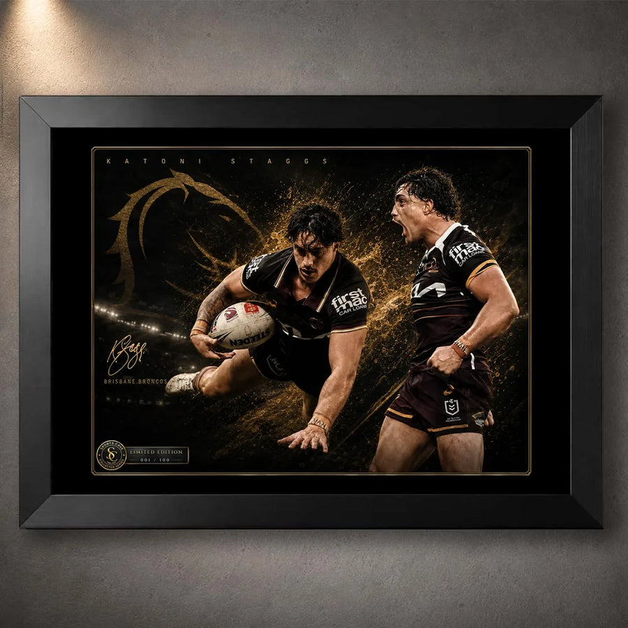Black framed Kotoni Staggs Brisbane Broncos rugby league wall art featuring two action portraits on a black and gold design.