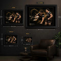 Kotoni Staggs Brisbane Broncos wall art size guide showing Small, Medium, Large and X Large framed dimensions in centimetres and inches.
