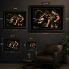 Kotoni Staggs Brisbane Broncos wall art size guide showing Small, Medium, Large and X Large framed dimensions in centimetres and inches.