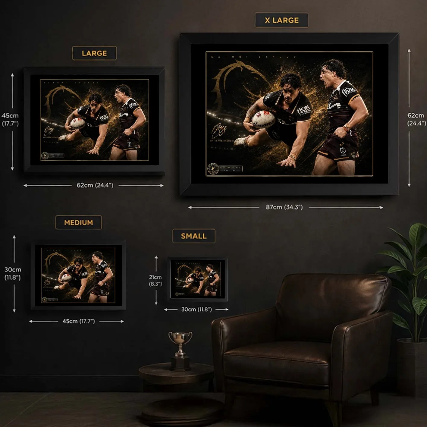 Kotoni Staggs Brisbane Broncos wall art size guide showing Small, Medium, Large and X Large framed dimensions in centimetres and inches.