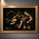 Oak framed Kotoni Staggs Brisbane Broncos rugby league wall art featuring two action portraits on a black and gold design.