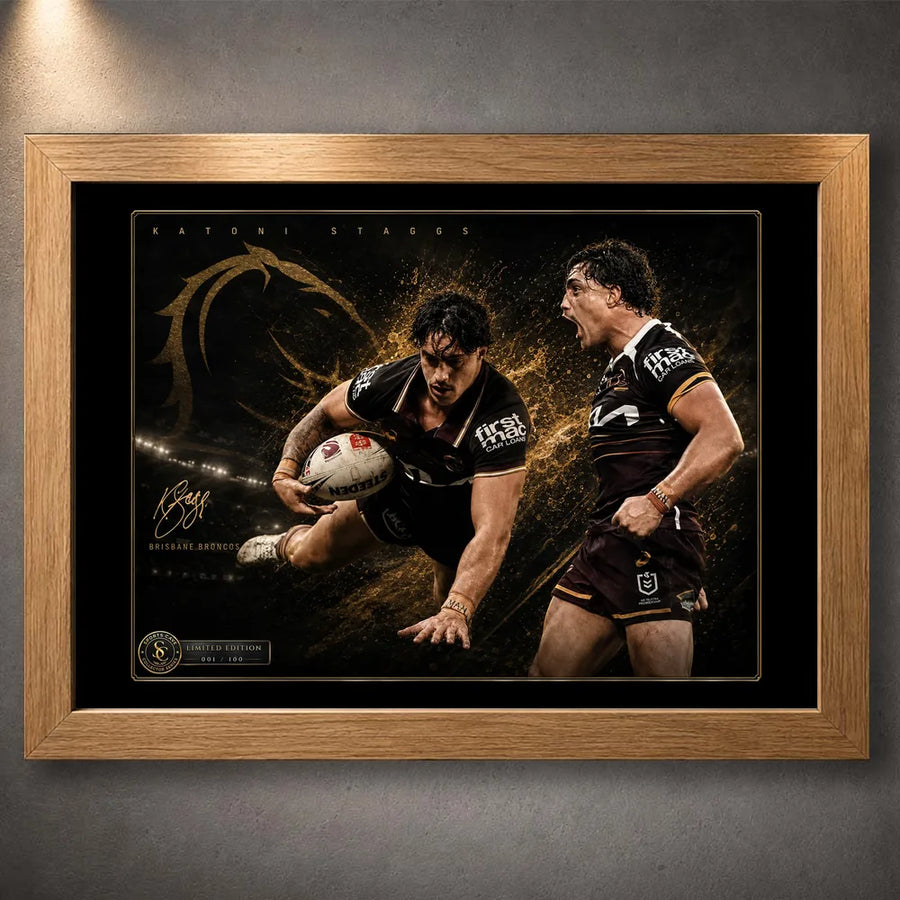 Oak framed Kotoni Staggs Brisbane Broncos rugby league wall art featuring two action portraits on a black and gold design.